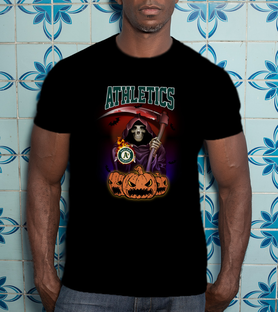 Athletics Skull Reaper With Oakland A's Logo And Halloween Pumpkins T-Shirt