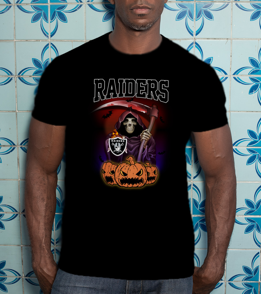 Raiders Reaper With Scythe And Pumpkins Halloween T-Shirt