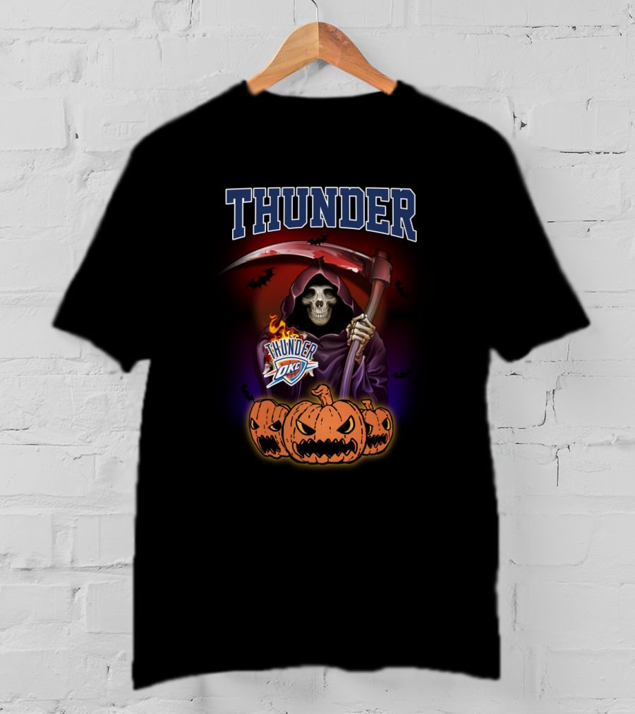 Oklahoma City Thunder Grim Reaper Halloween Theme With Pumpkins And Scythe T-Shirt