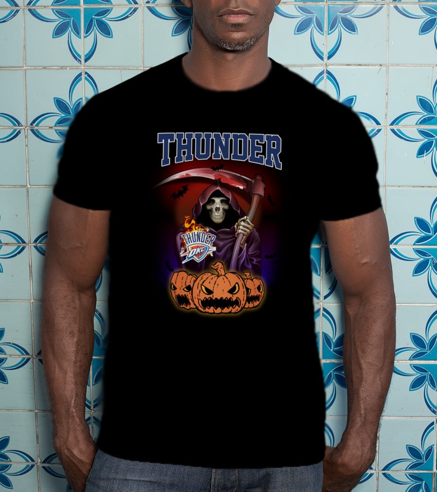 Oklahoma City Thunder Grim Reaper Halloween Theme With Pumpkins And Scythe T-Shirt
