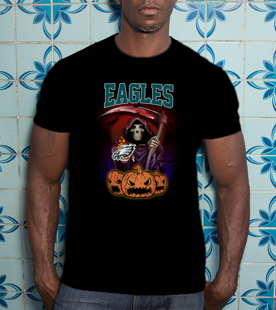 Eagles Reaper Halloween With Philadelphia Eagles Logo And Grim Pumpkin Trio T-Shirt