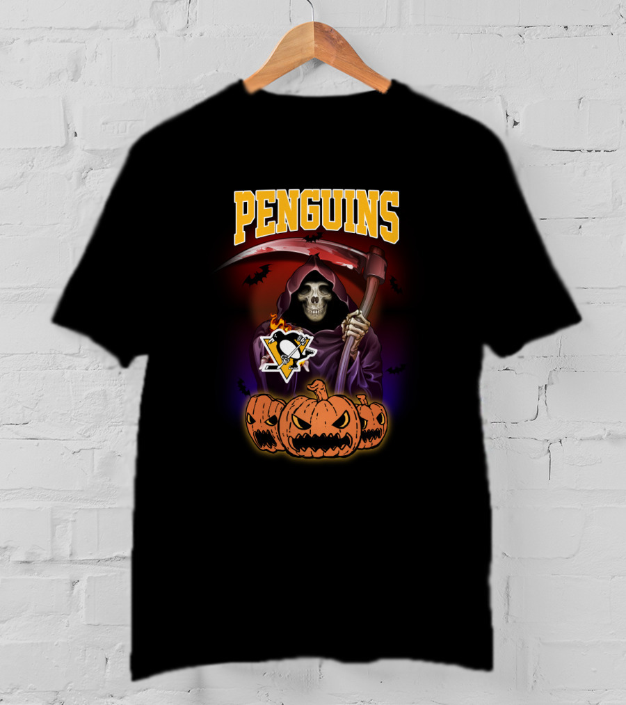 Penguins Grim Reaper With Scythe And Pumpkins Halloween T-Shirt