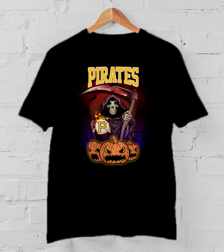 Pittsburgh Pirates Reaper With Scythe And Flaming Baseball Surrounded By Pumpkins Halloween T-Shirt