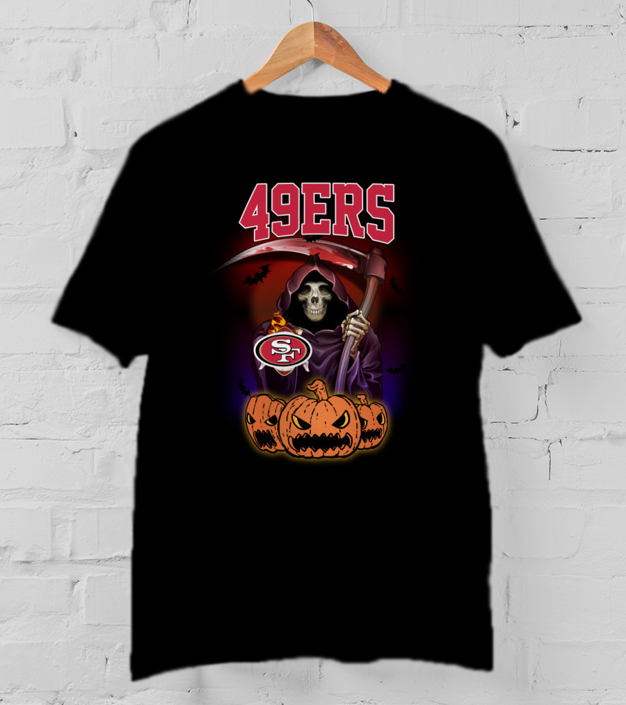 49ers Halloween Grim Reaper With Pumpkins And Scythe T-Shirt
