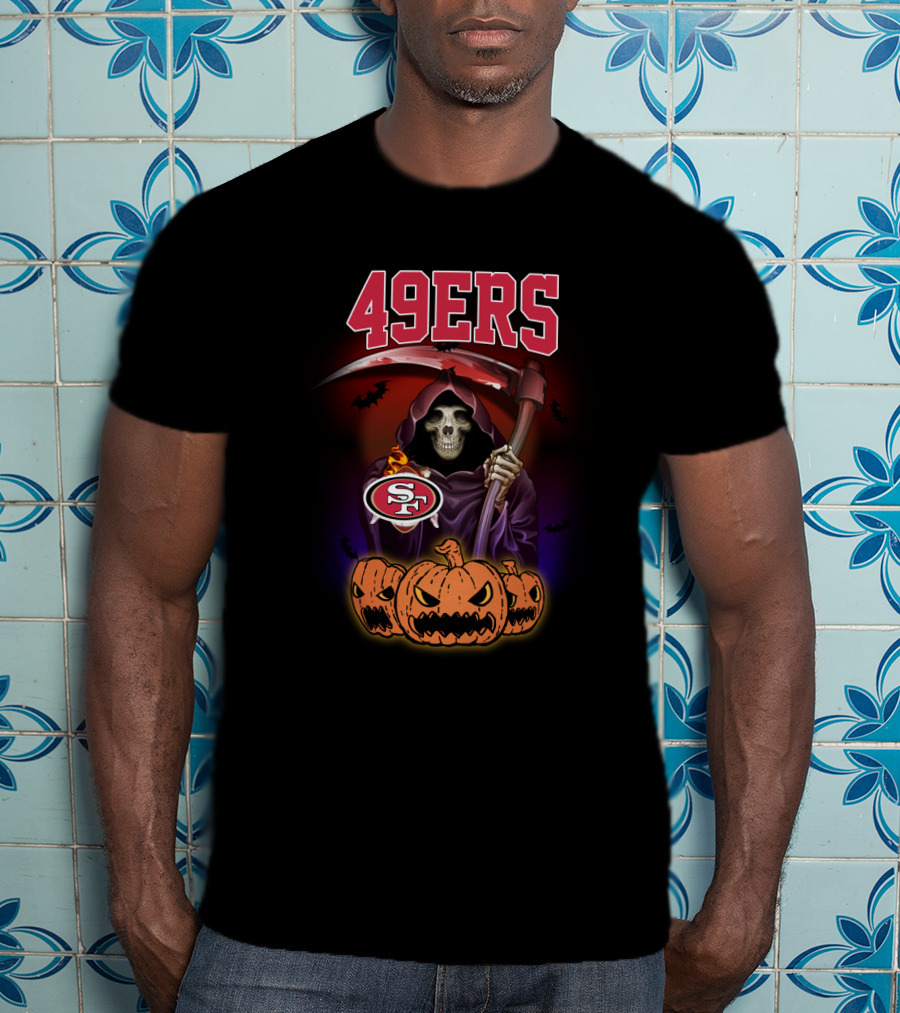 49ers Halloween Grim Reaper With Pumpkins And Scythe T-Shirt