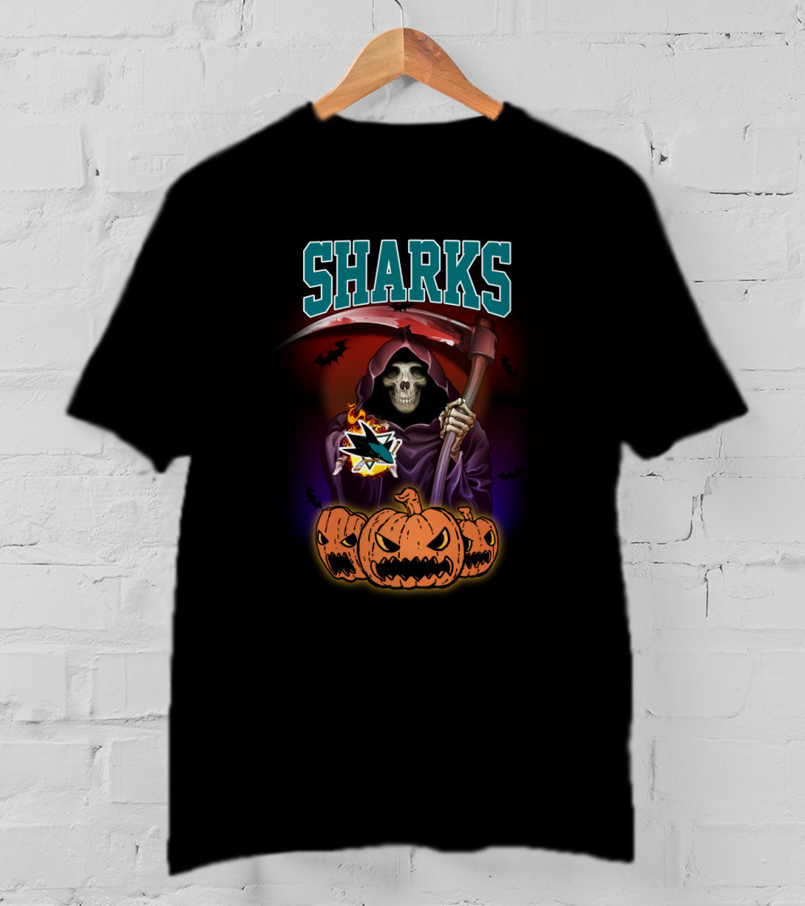 Sharks Reaper With Scythe And Pumpkins San Jose T-Shirt