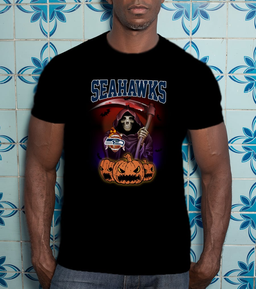 Seahawks Halloween Reaper With Pumpkins And Scythe T-Shirt