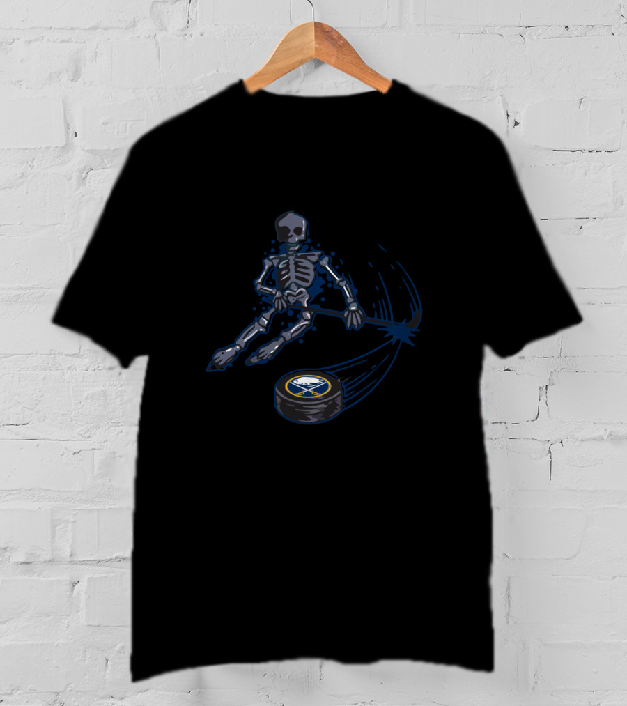 Buffalo Sabres Skeleton Playing Ice Hockey With Team Logo Puck T-Shirt