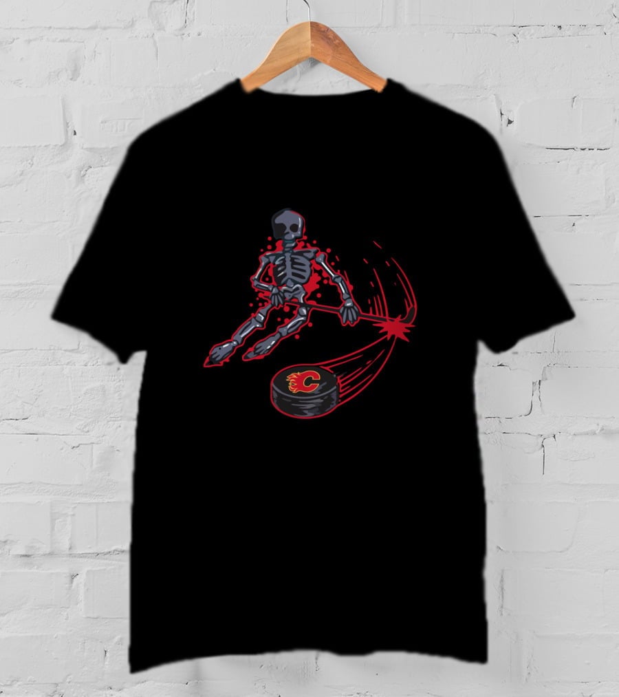 Skeleton Playing Ice Hockey Calgary Flames Puck T-Shirt