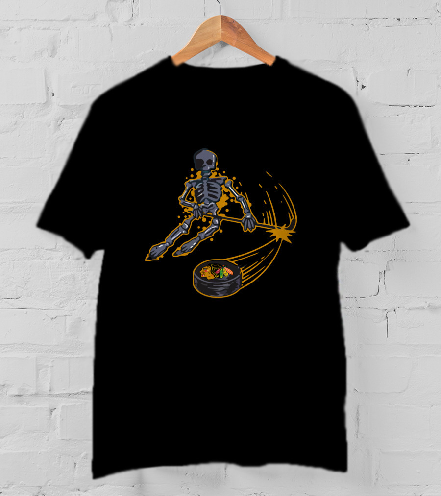 Skeleton Playing Ice Hockey With Chicago Blackhawks Puck T-Shirt