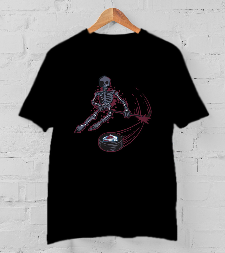 Skeleton Playing Ice Hockey With Colorado Avalanche Puck T-Shirt