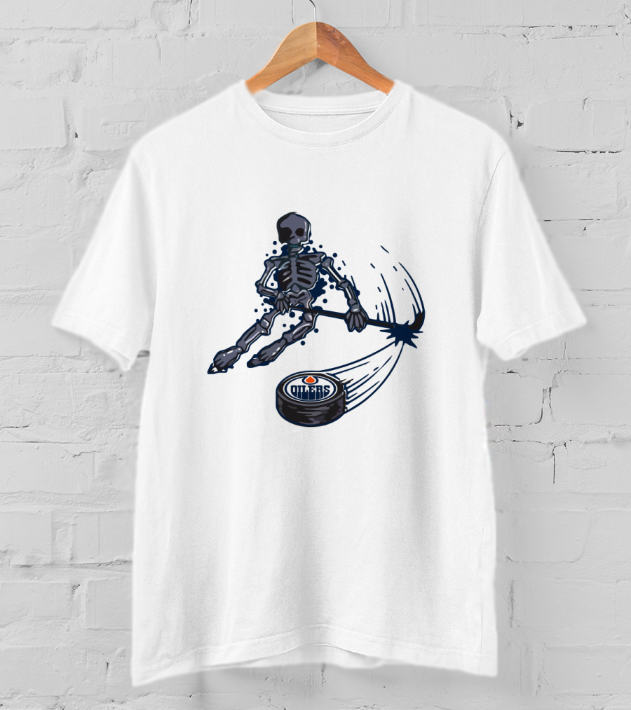 Edmonton Oilers Skeleton Playing Ice Hockey With Puck T-Shirt