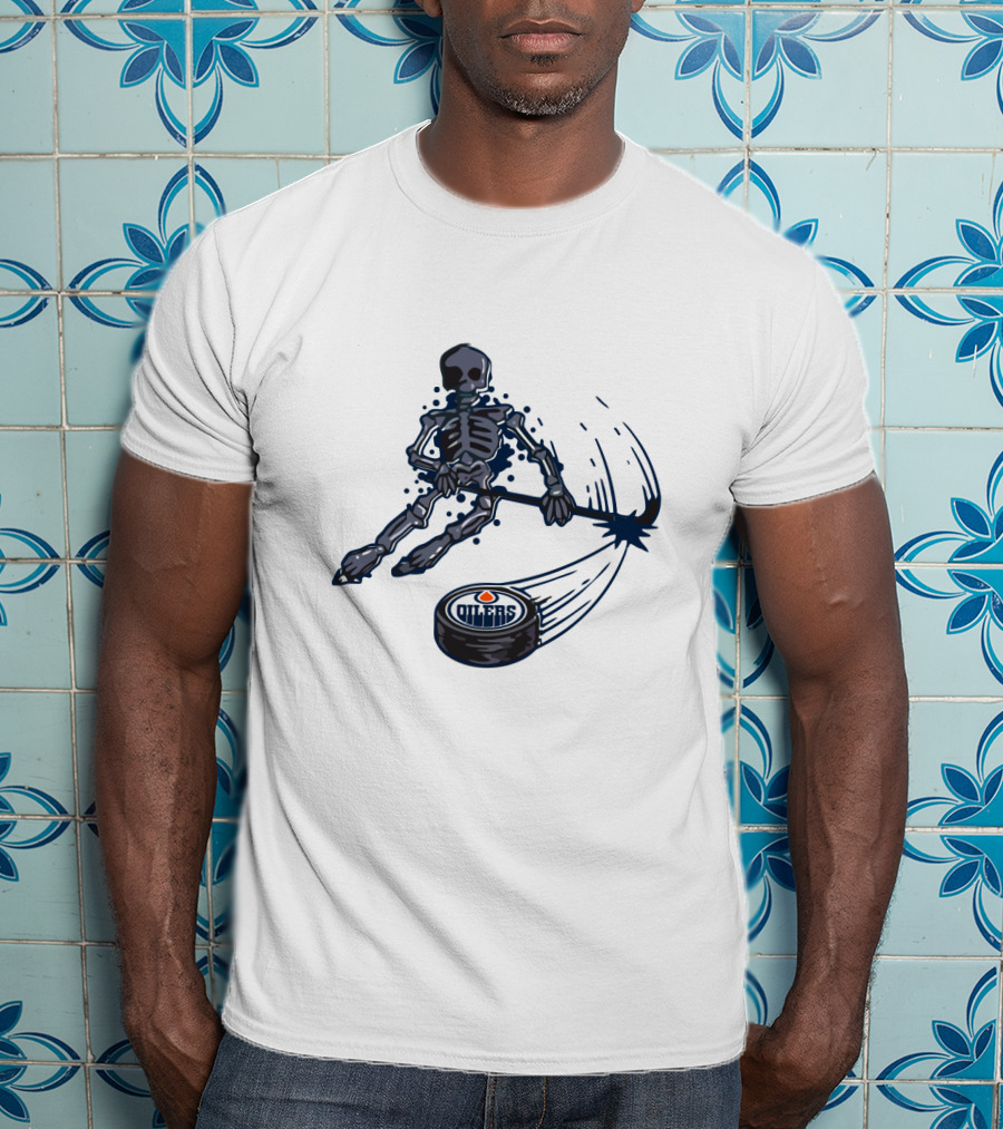 Edmonton Oilers Skeleton Playing Ice Hockey With Puck T-Shirt