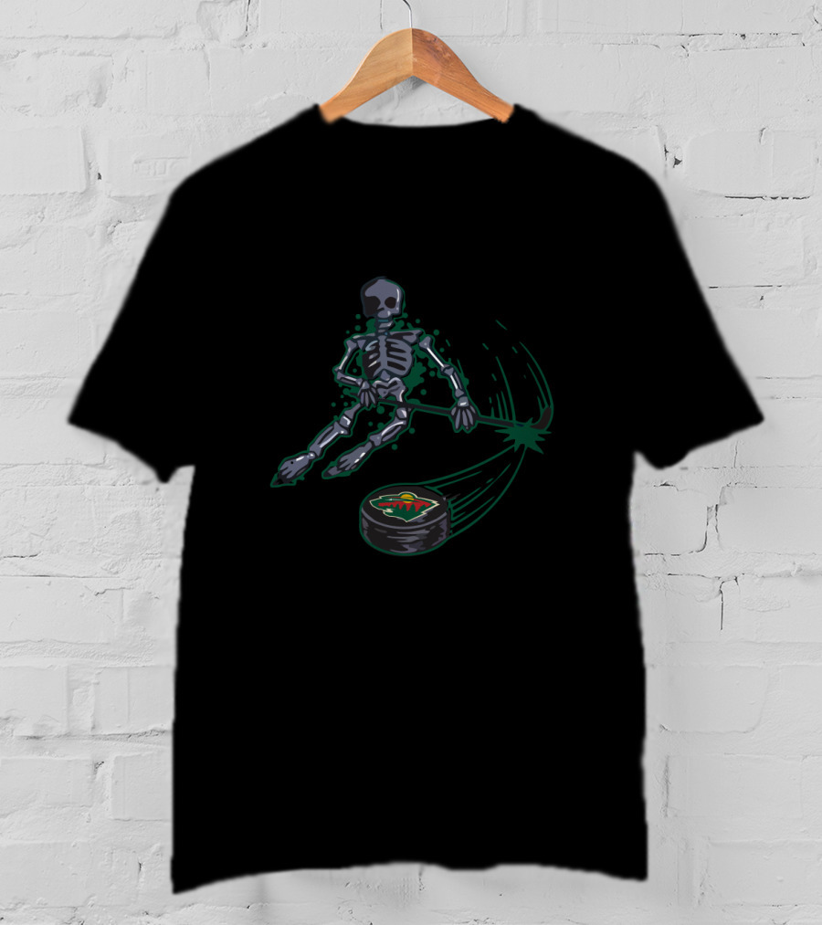 Skeleton Playing Ice Hockey With Minnesota Wild Puck T-Shirt