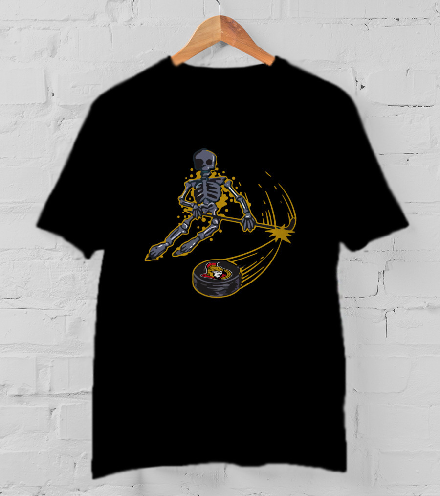 Skeleton Playing Ice Hockey With Ottawa Senators Logo Puck T-Shirt