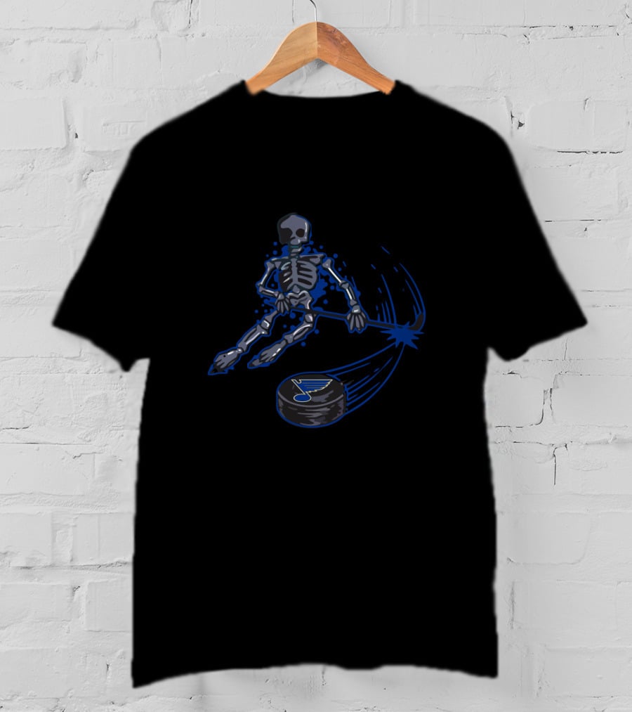 Skeleton Hockey Player With St. Louis Blues Logo Puck T-Shirt