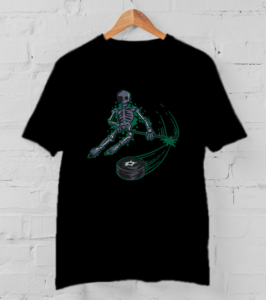 Skeleton Hockey Action With Dallas Stars Puck For Enthusiastic Fans T-Shirt