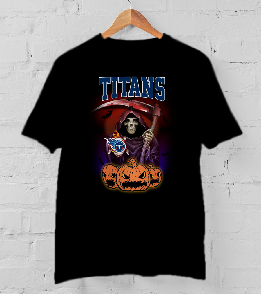 Tennessee Titans Reaper Halloween With Grim Skull And Pumpkins T-Shirt
