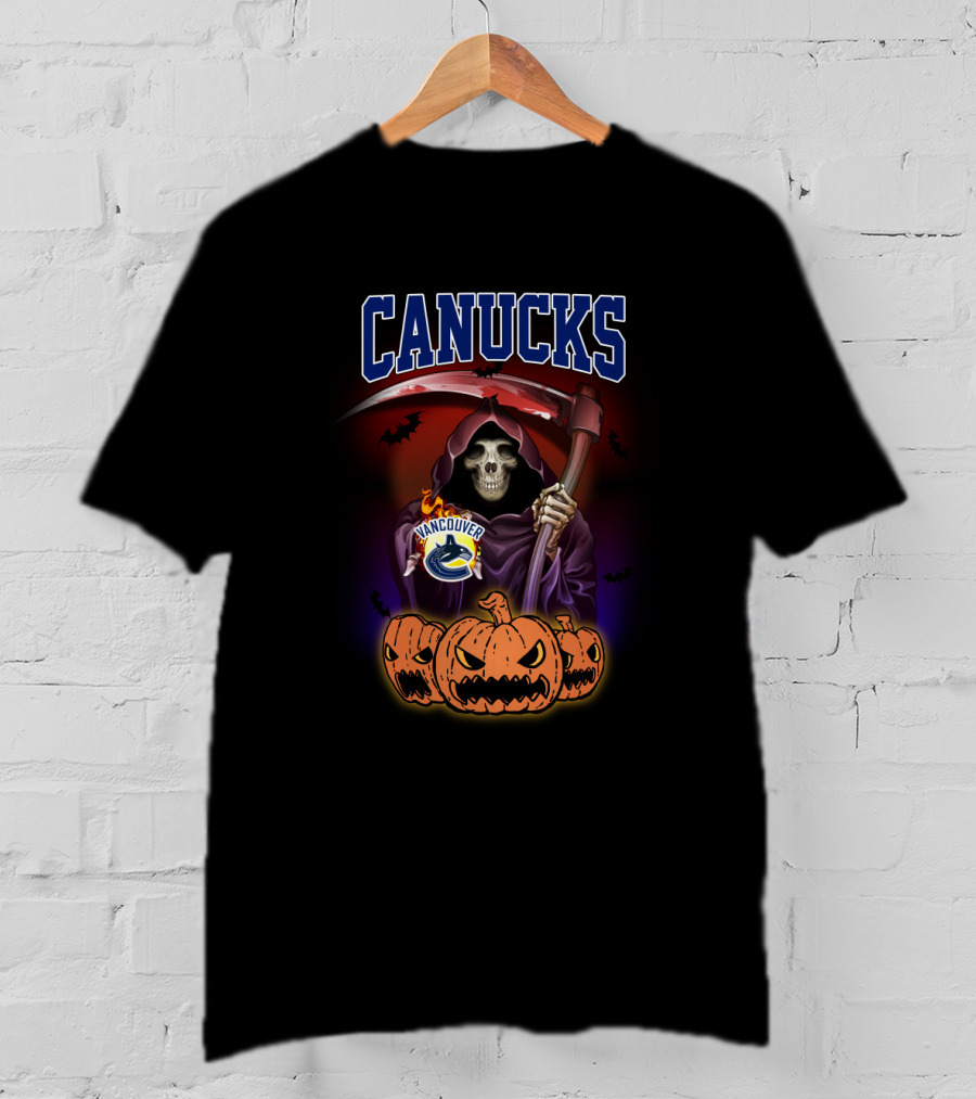 Vancouver Canucks Halloween Reaper With Scythe And Pumpkin Trio T-Shirt