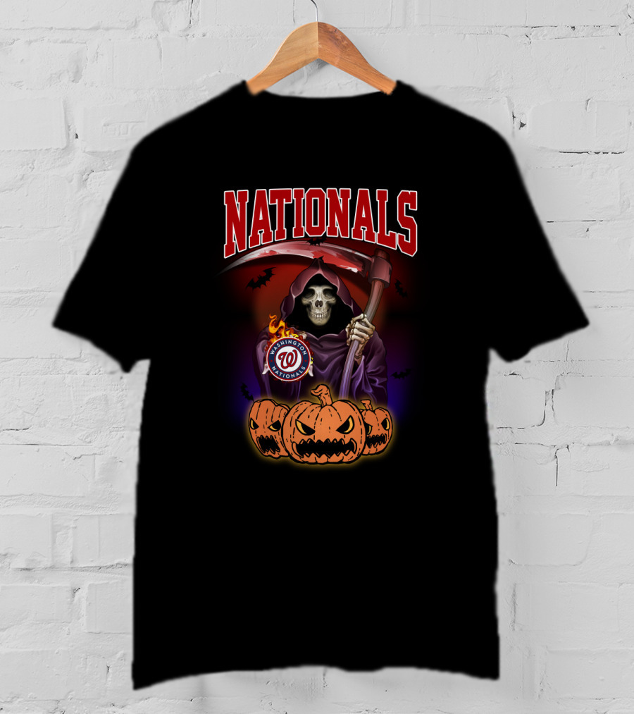 Nationals Grim Reaper With Washington Logo And Halloween Pumpkins T-Shirt
