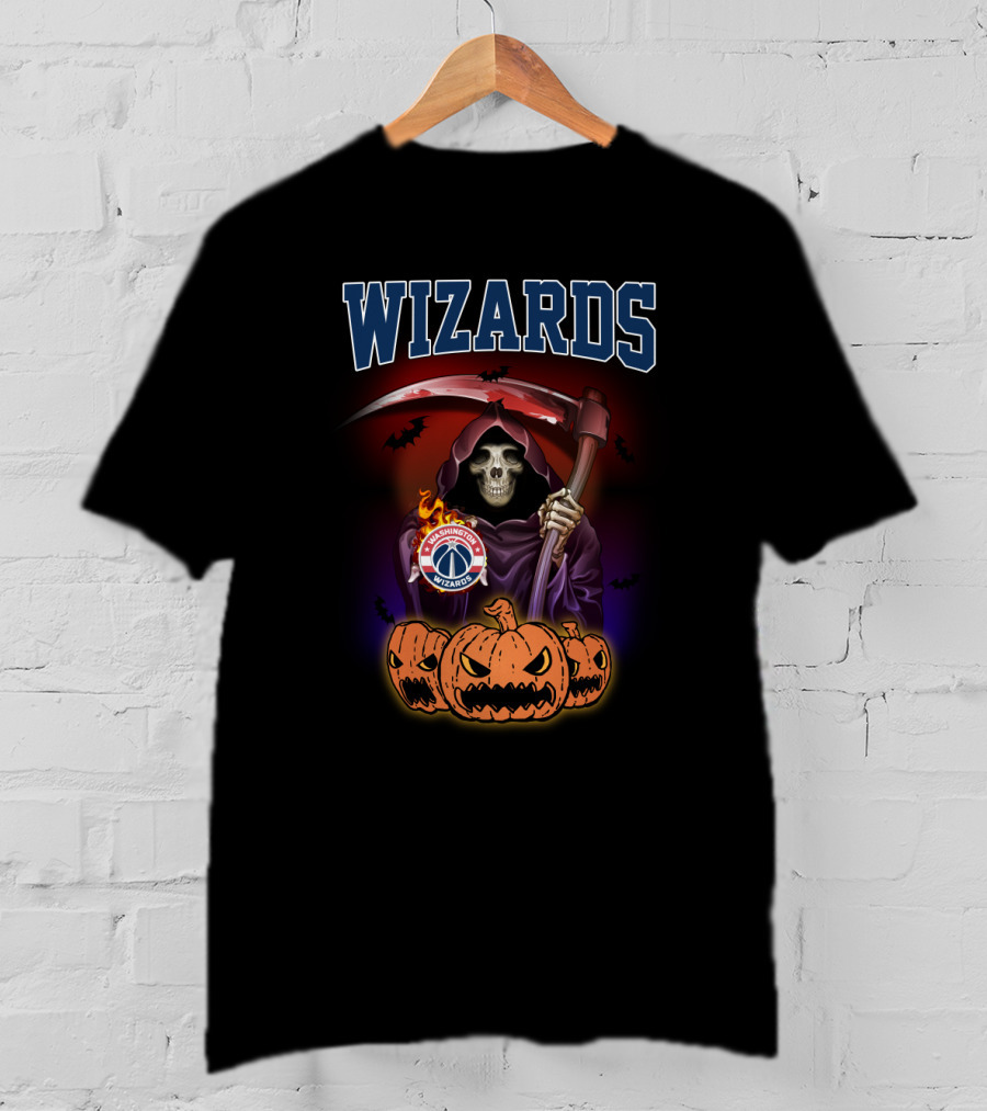 Wizards Skeleton With Scythe And Washington Wizards Logo Surrounded By Pumpkins T-Shirt