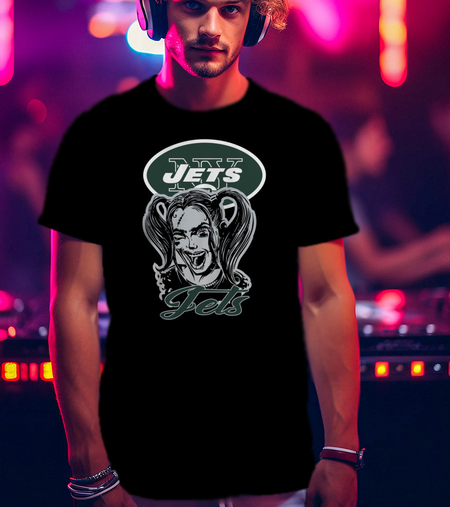 Harley Quinn And New York Jets Logo Crossover T-Shirt