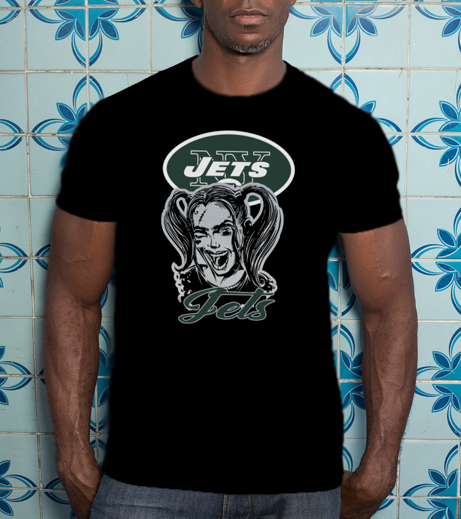 Harley Quinn And New York Jets Logo Crossover T-Shirt