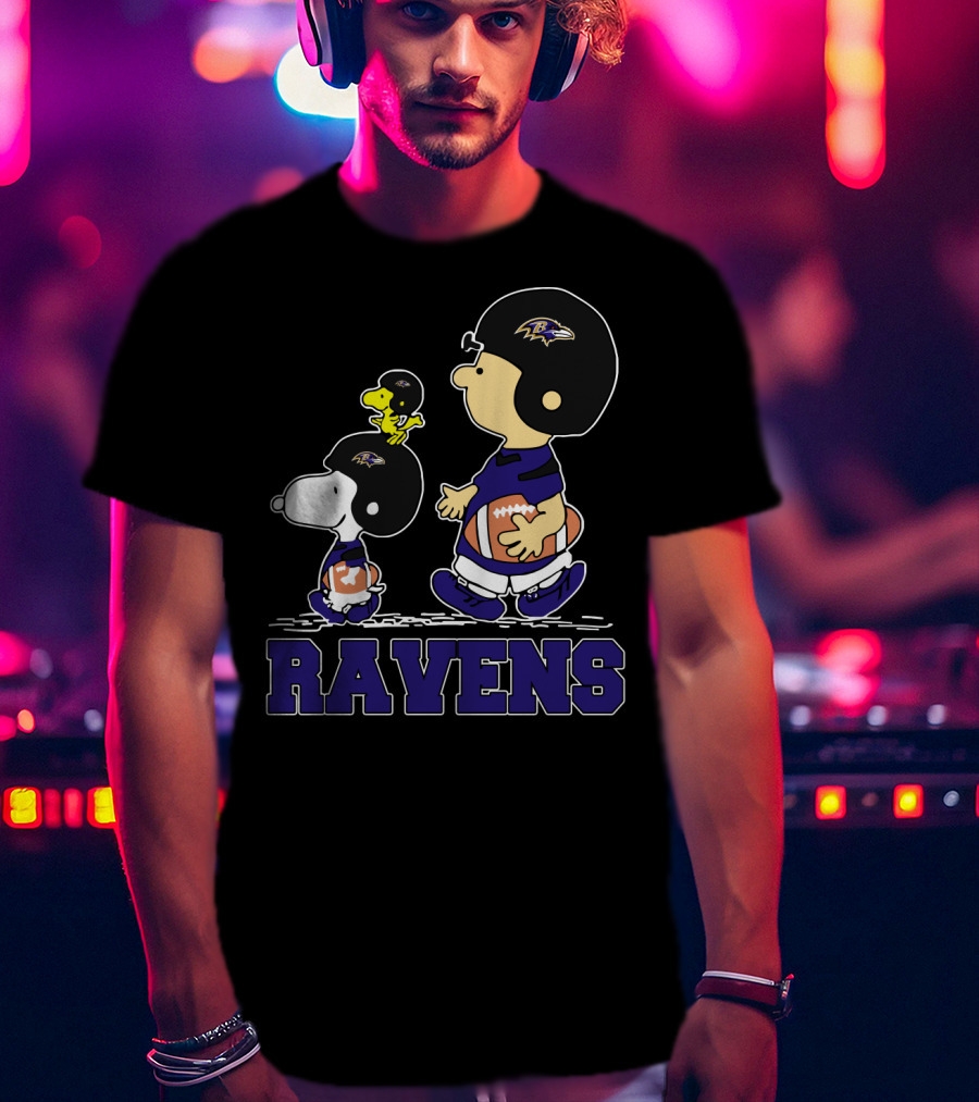 Snoopy And Friends With Baltimore Ravens Football Helmets And Jerseys T-Shirt