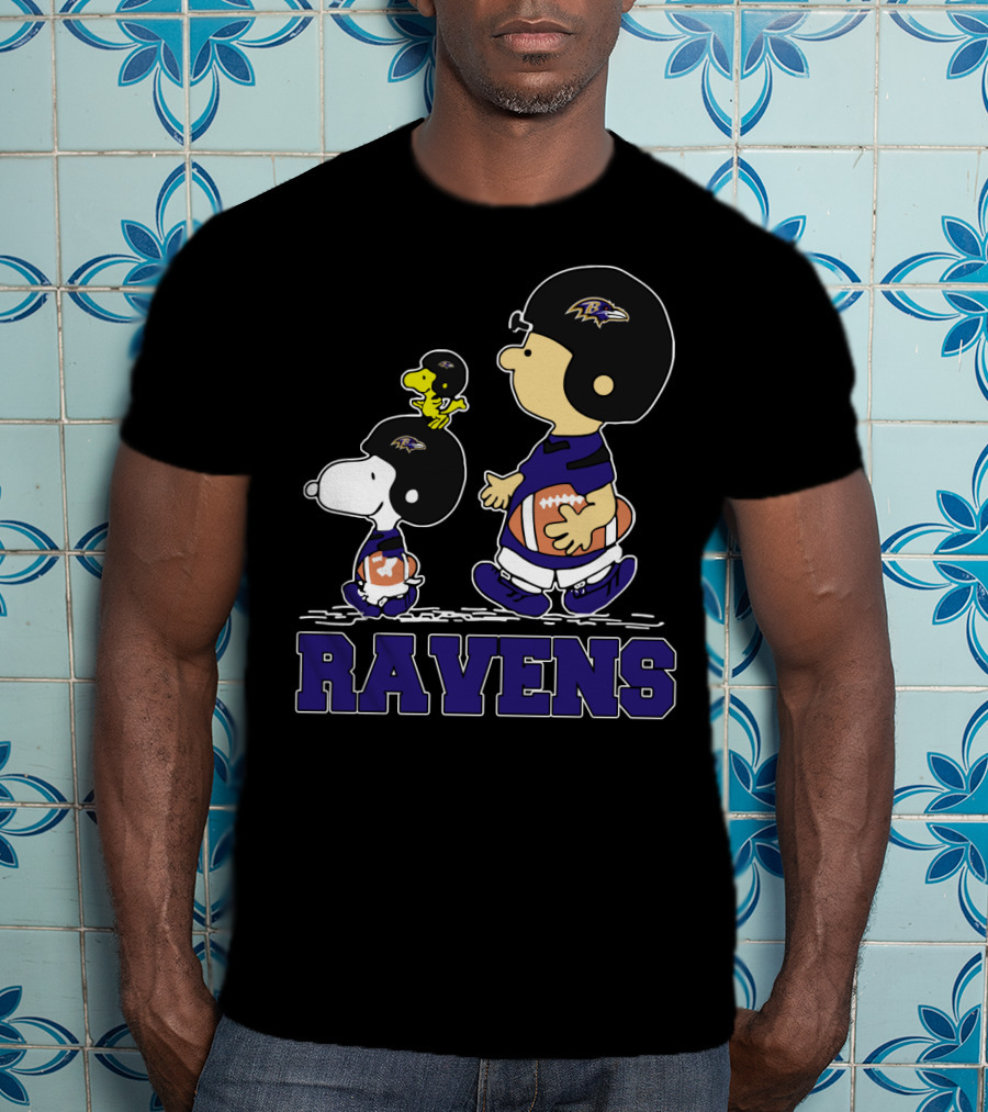 Snoopy And Friends With Baltimore Ravens Football Helmets And Jerseys T-Shirt
