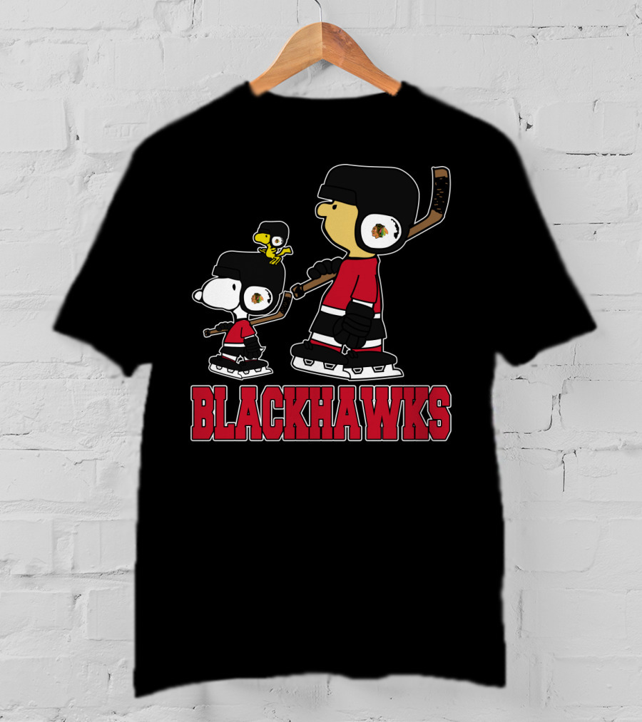 Snoopy And Woodstock With Blackhawks Hockey Gear T-Shirt