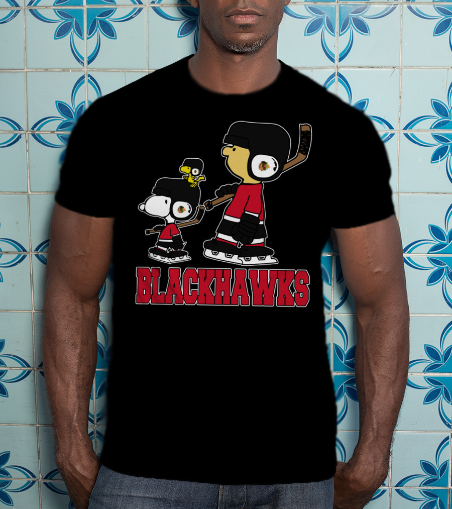 Snoopy And Woodstock With Blackhawks Hockey Gear T-Shirt