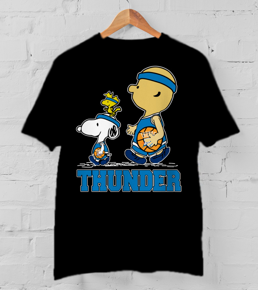 Snoopy And Oklahoma City Thunder Basketball Fans Walking With Woodstock T-Shirt