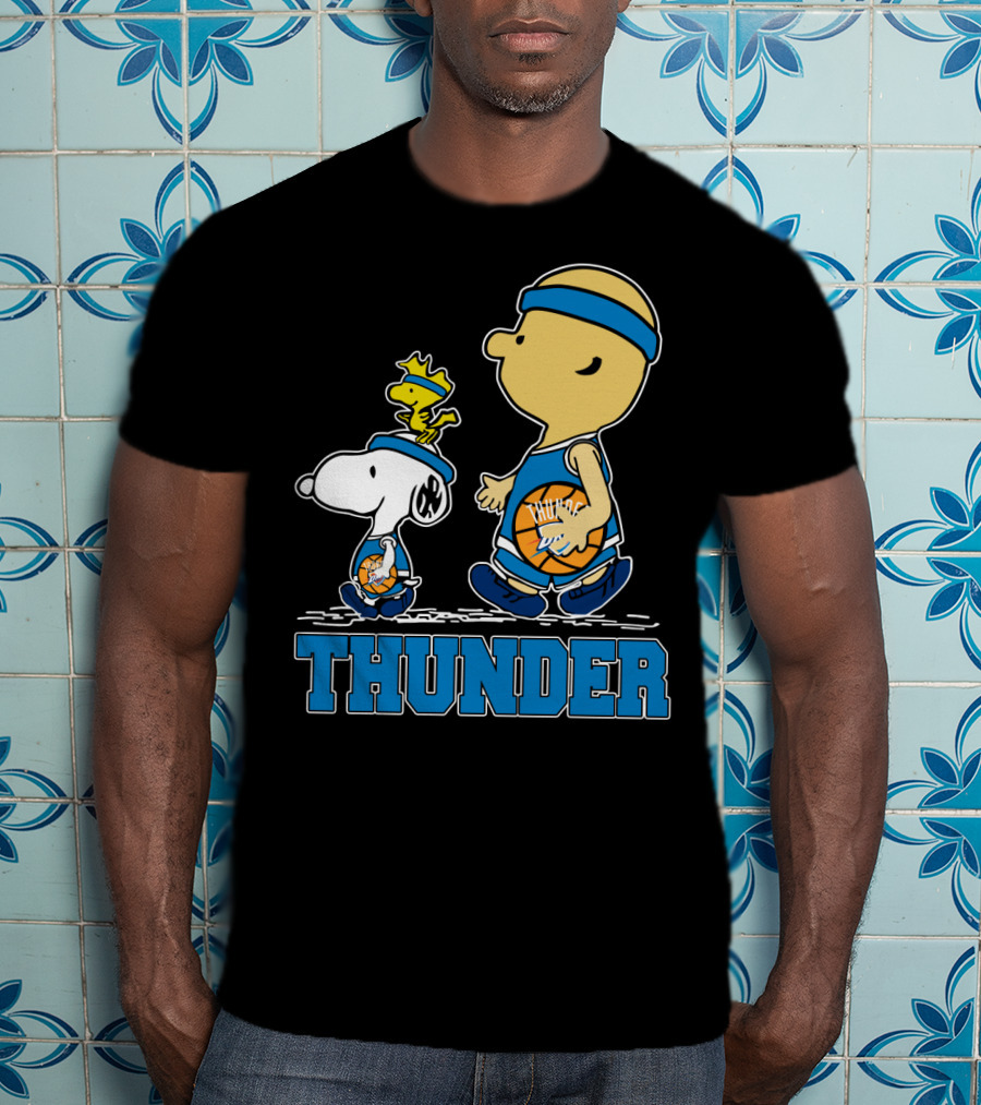 Snoopy And Oklahoma City Thunder Basketball Fans Walking With Woodstock T-Shirt