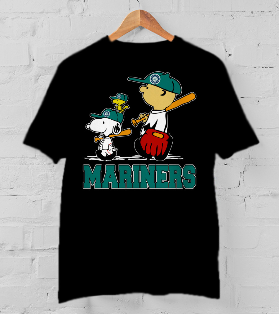 Snoopy Woodstock And Seattle Mariners Peanuts Baseball T-Shirt