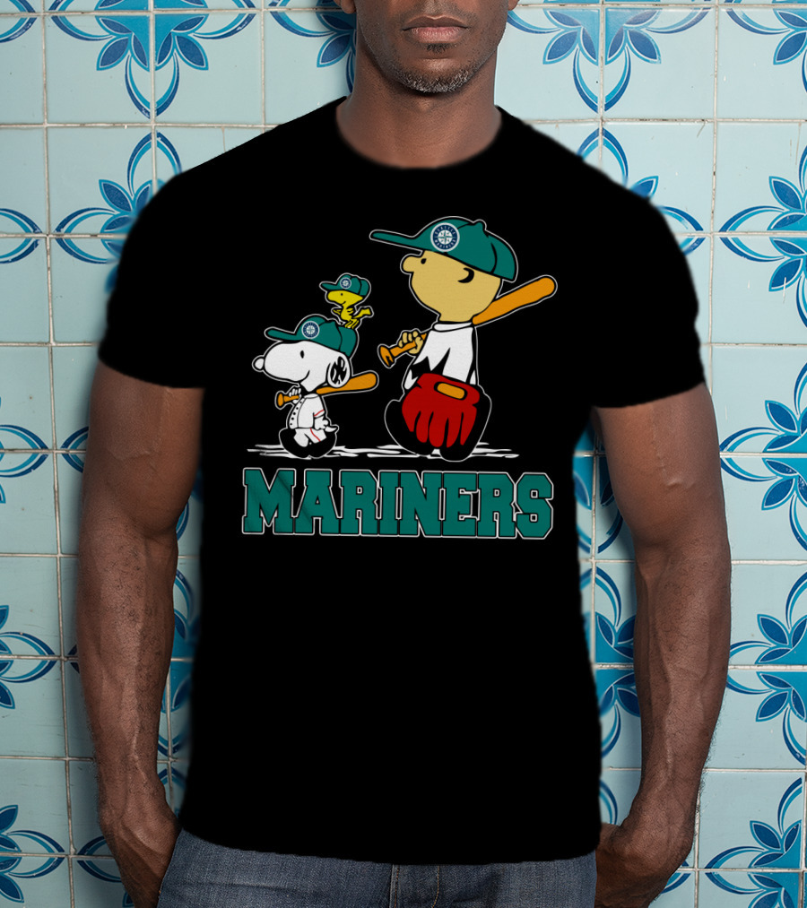 Snoopy Woodstock And Seattle Mariners Peanuts Baseball T-Shirt