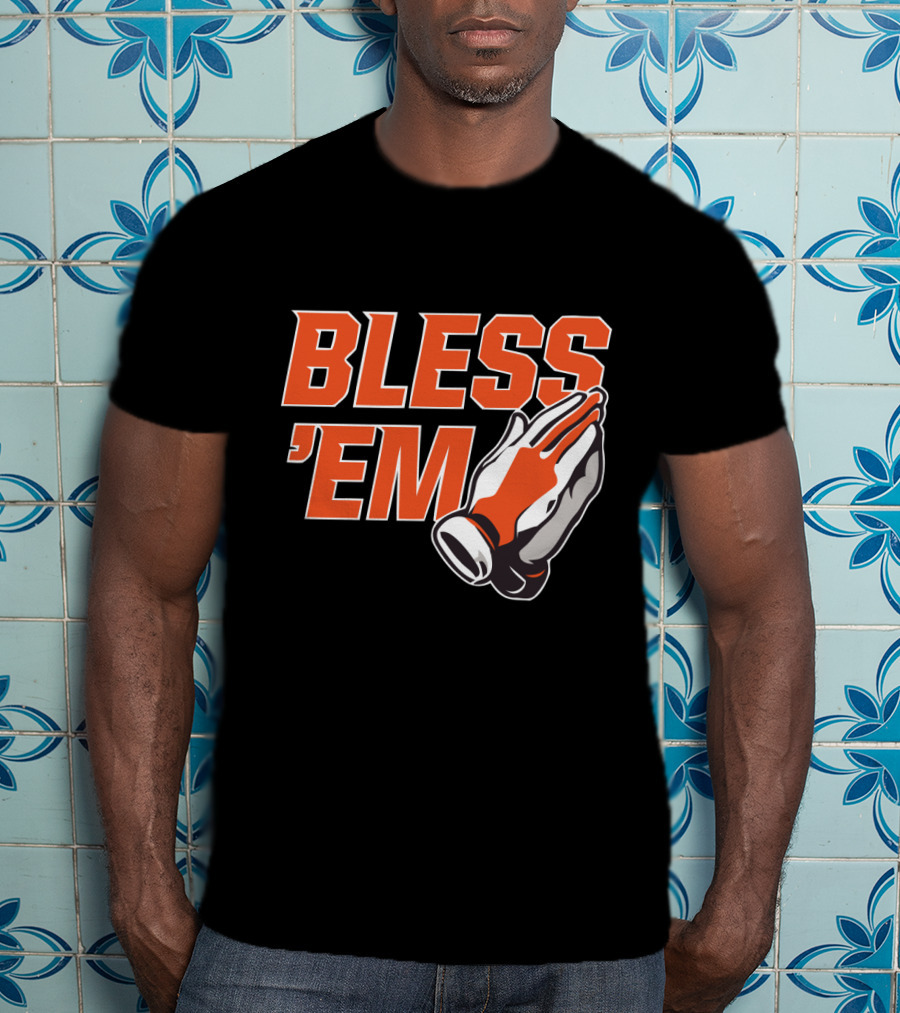 BLESS 'EM Praying Hands In Bold Orange And Black T-Shirt