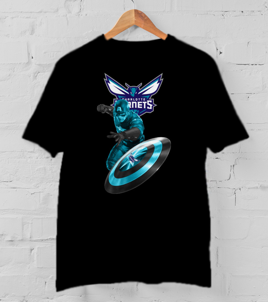 Charlotte Hornets Captain America Crossover Shield T-Shirt
