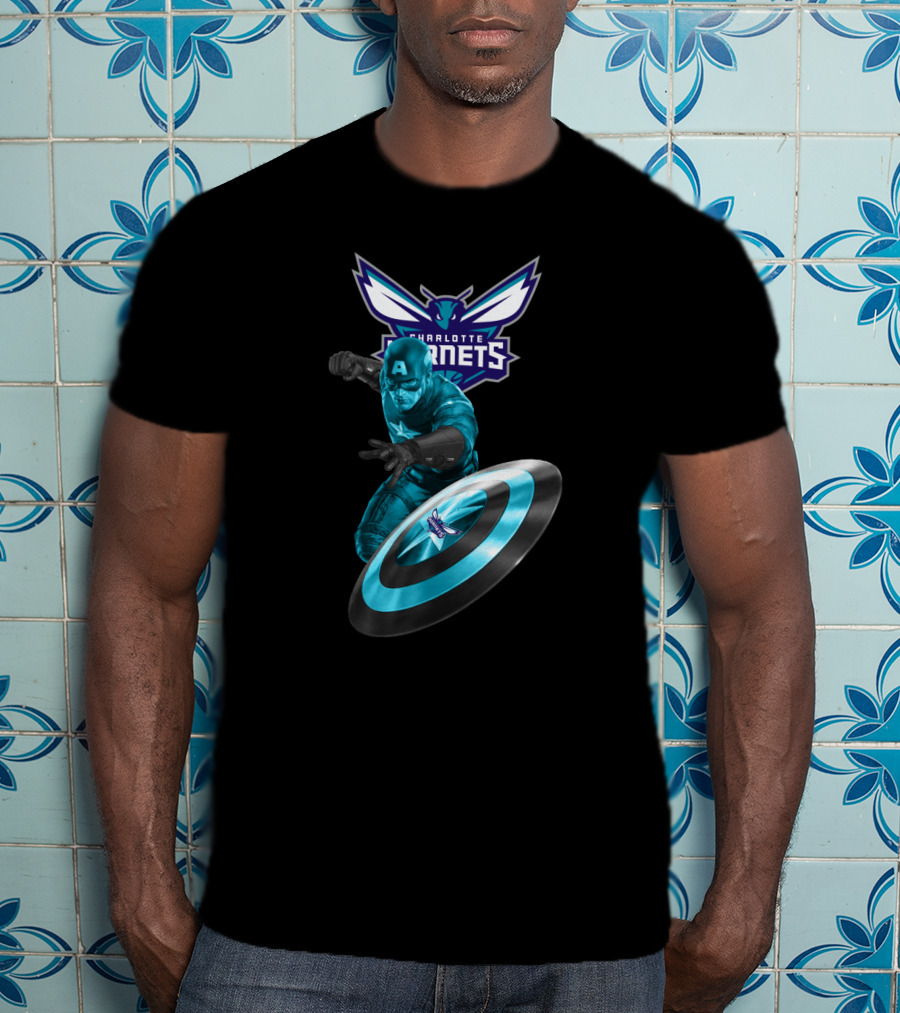 Charlotte Hornets Captain America Crossover Shield T-Shirt
