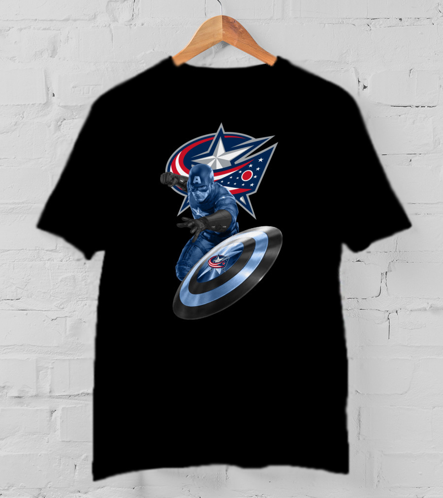 Columbus Blue Jackets Logo With Captain America Shield Iconic Crossover T-Shirt