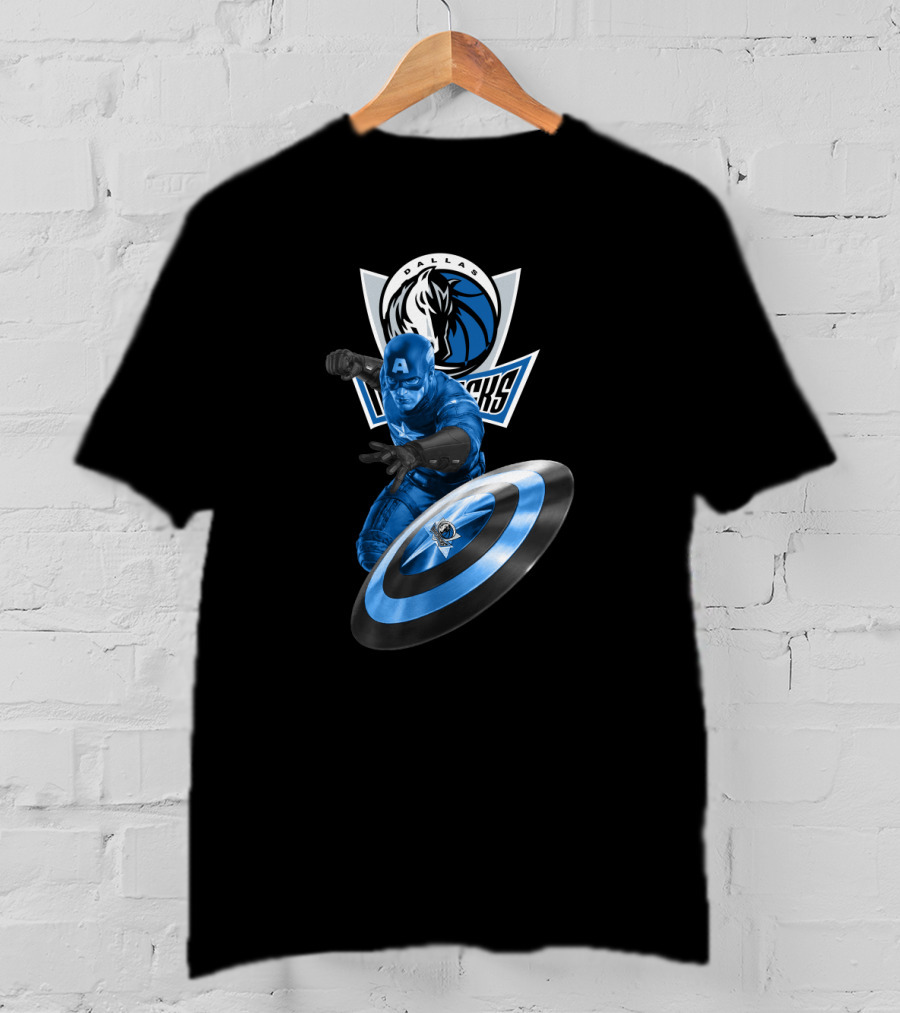 Dallas Mavericks Captain America Crossover Collaboration Featuring Iconic Shield T-Shirt
