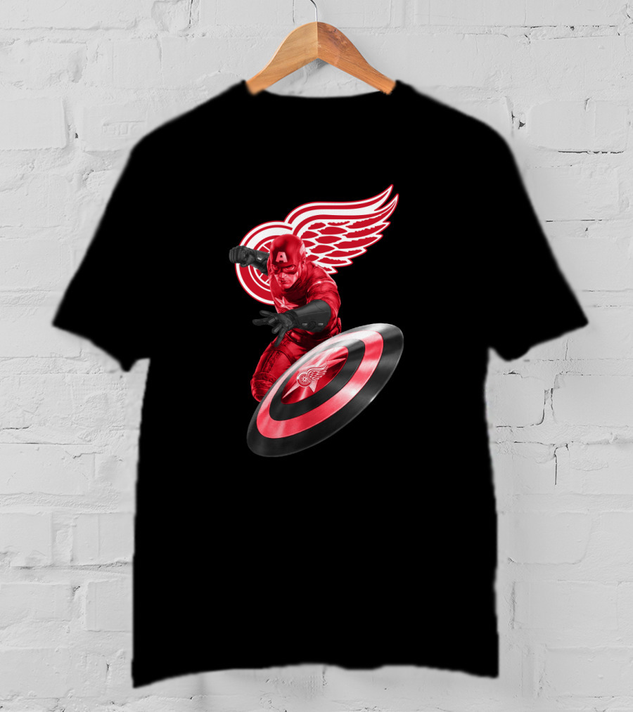 Detroit Red Wings Featuring Marvel's Captain America In Iconic Shield Pose T-Shirt