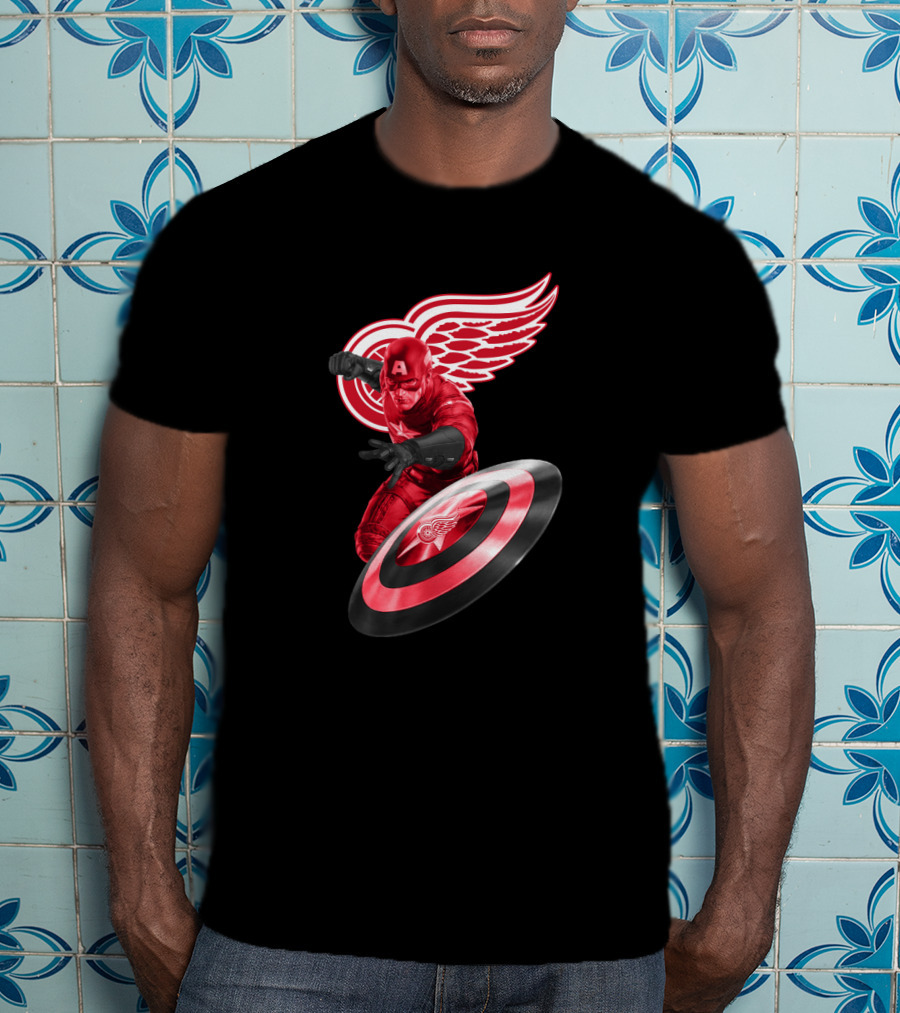 Detroit Red Wings Featuring Marvel's Captain America In Iconic Shield Pose T-Shirt