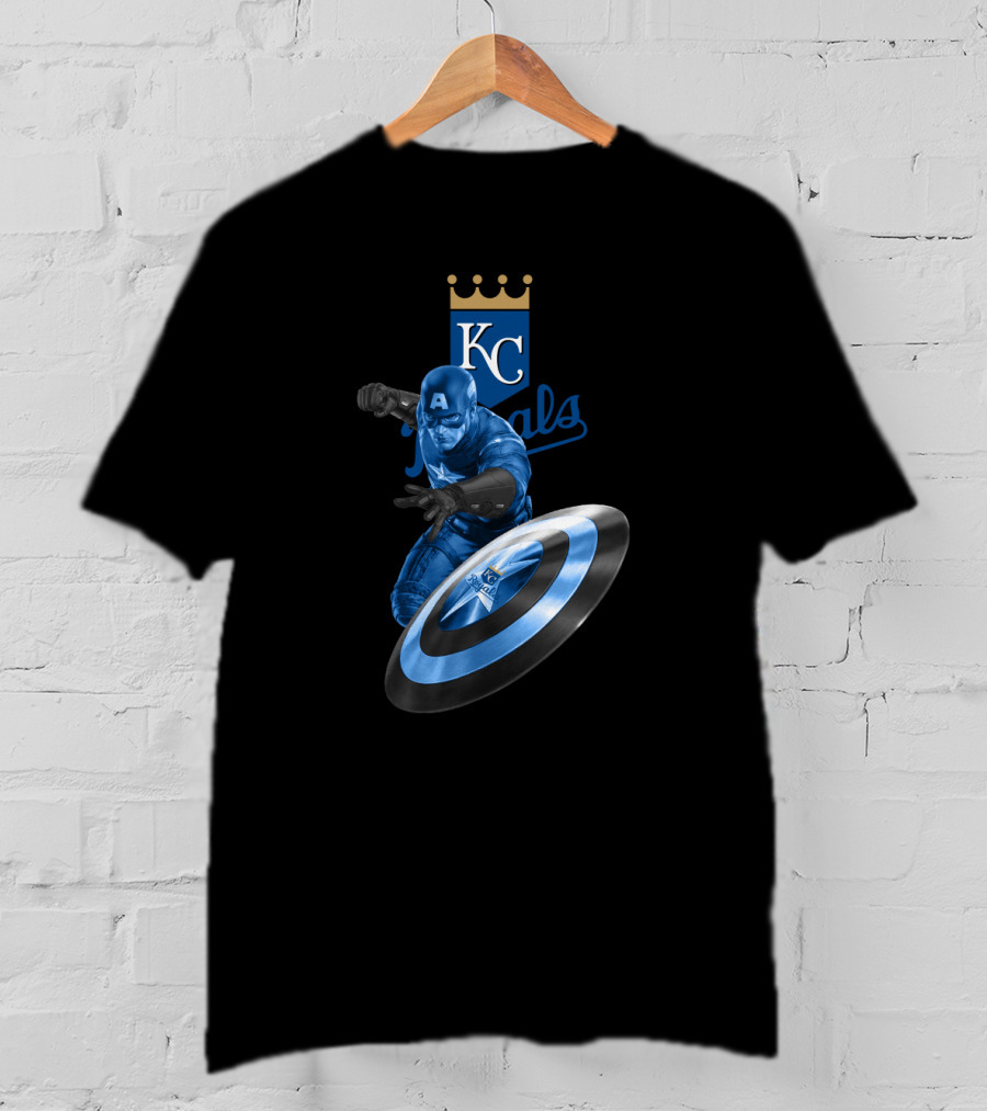 Kansas City Royals KC Logo Featuring Captain America Shield Design Blue T-Shirt
