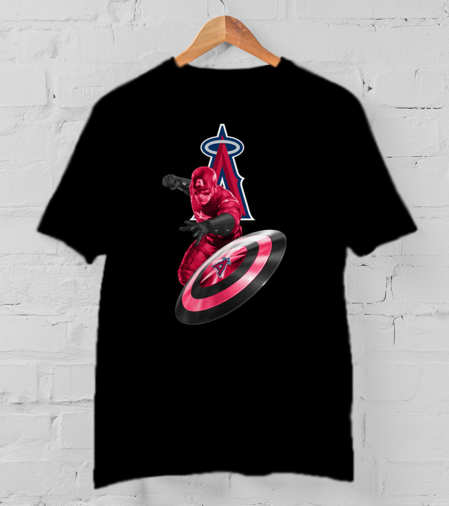Los Angeles Angels Captain America Crossover With Shield And Halo Insignia T-Shirt