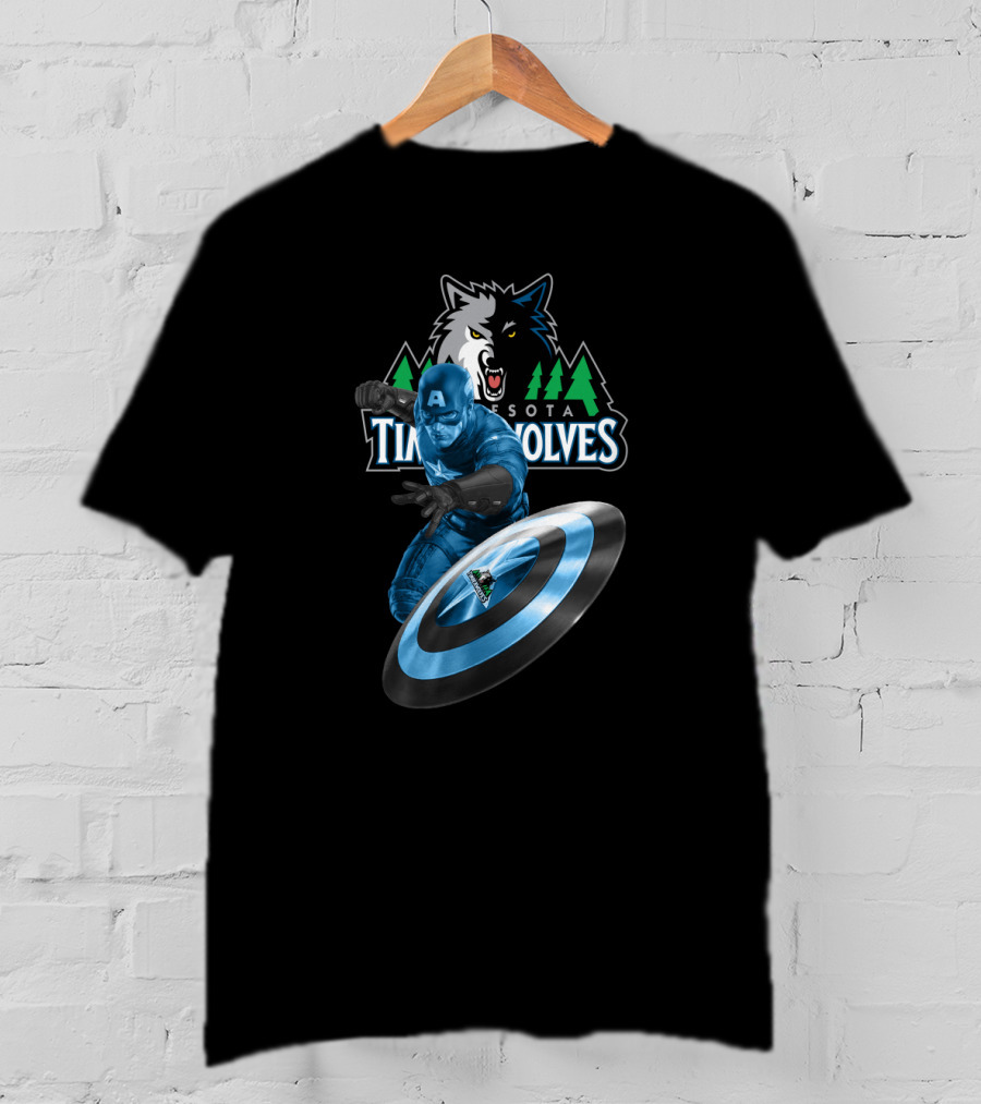 Minnesota Timberwolves Captain America Crossover With Wolf Logo And Shield T-Shirt