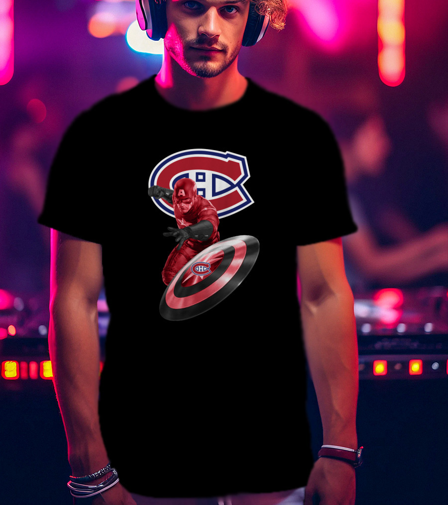 Montreal Canadiens CH Logo With Captain America And Shield Featuring CH T-Shirt