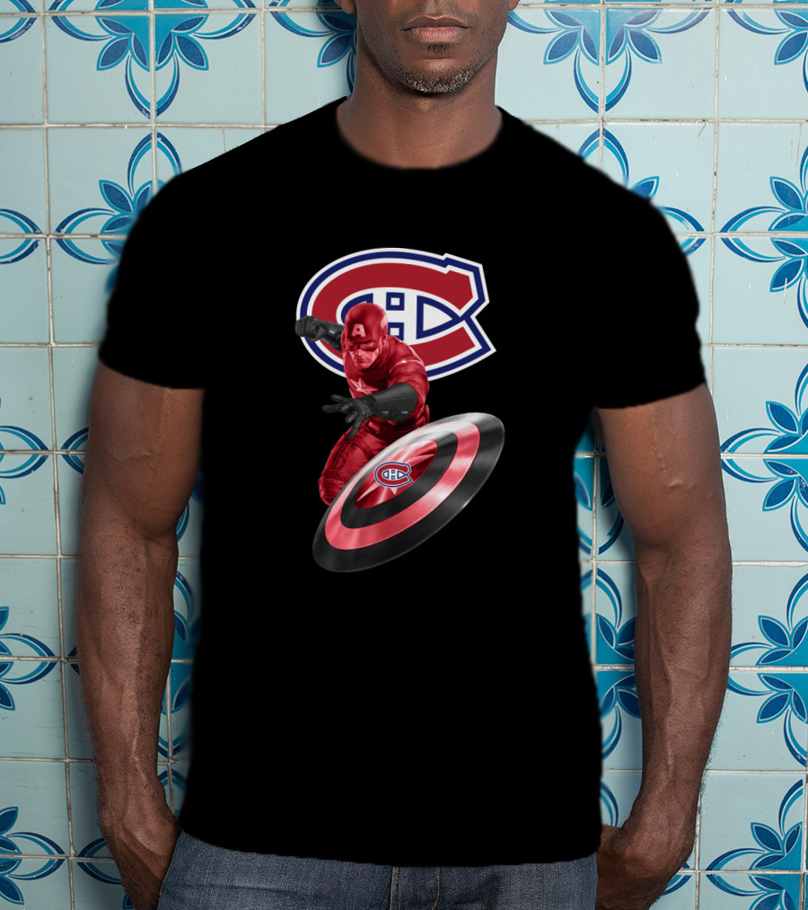 Montreal Canadiens CH Logo With Captain America And Shield Featuring CH T-Shirt