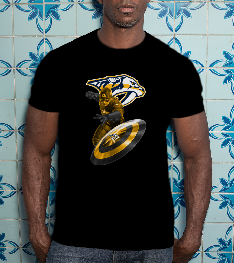Nashville Predators Captain America Crossover With Logo And Shield T-Shirt