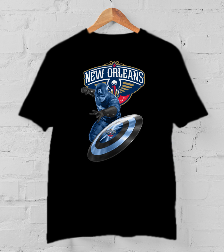 New Orleans Pelicans Captain America Collaboration Iconic Shield Crossover T-Shirt