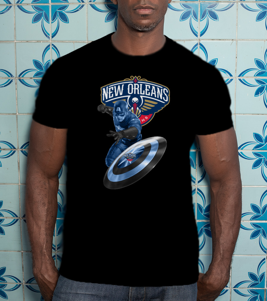 New Orleans Pelicans Captain America Collaboration Iconic Shield Crossover T-Shirt